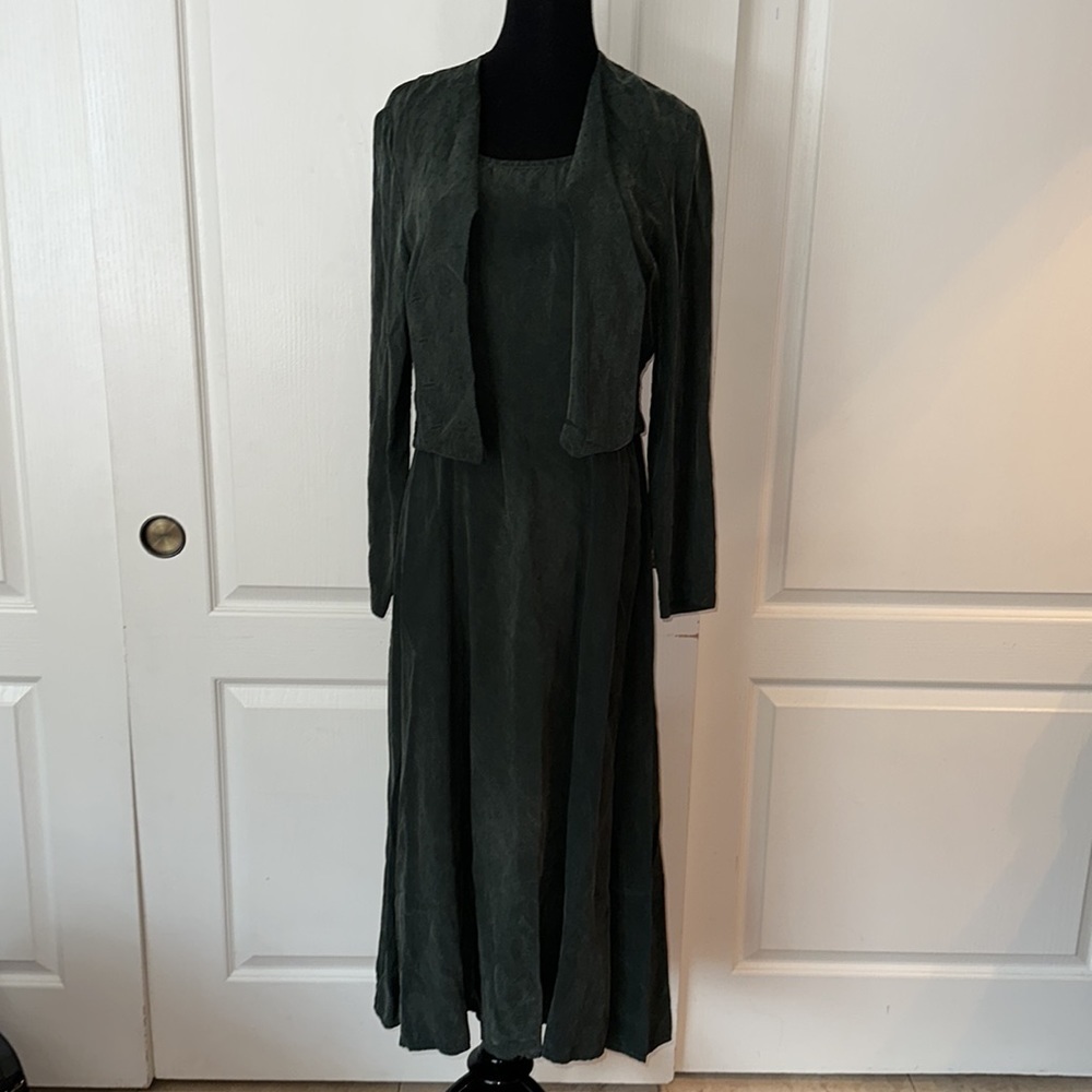 VINTAGE DARK GREEN TWO PIECE MATCHING SET DRESS & CARDIGAN